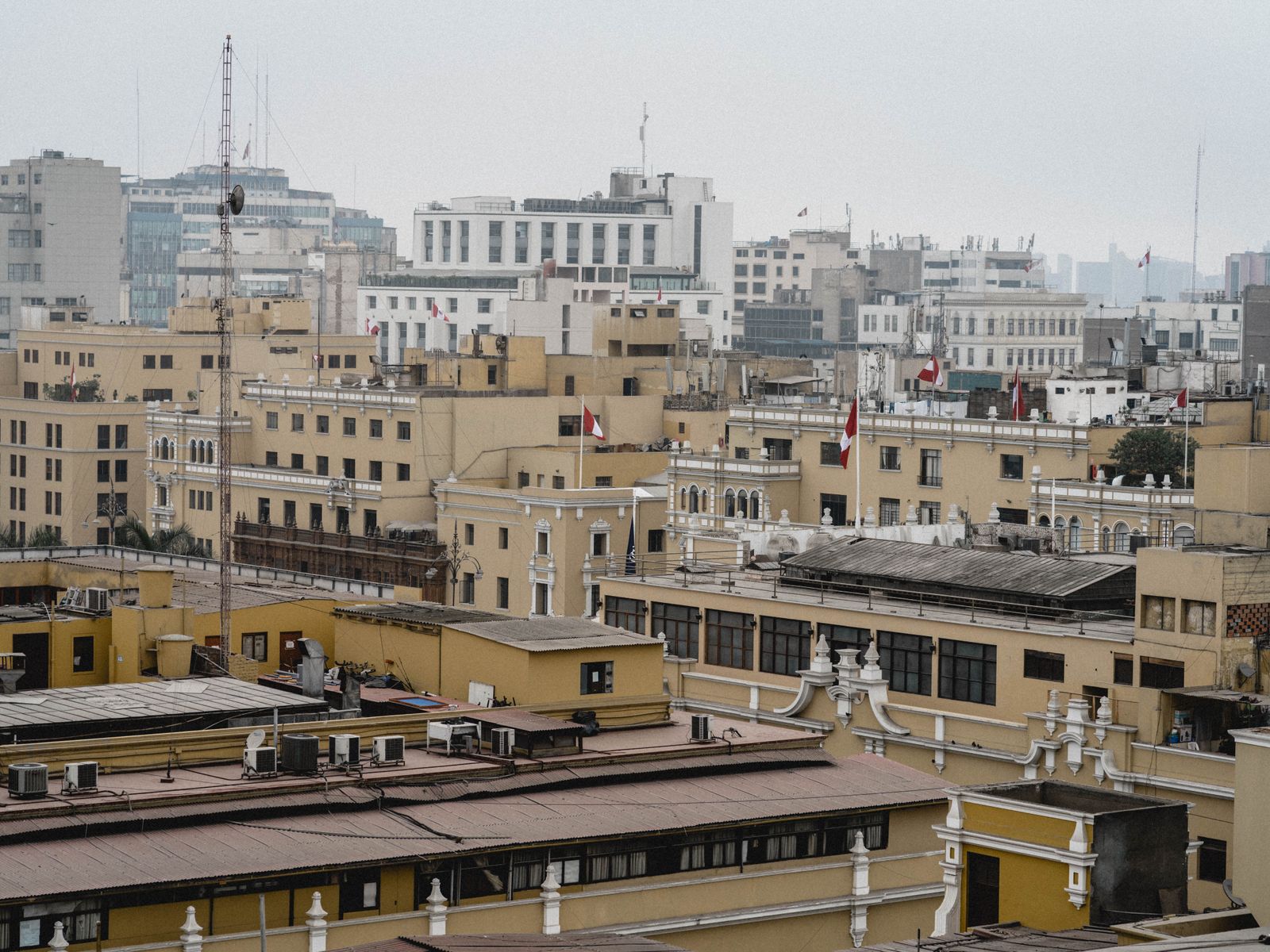 Aerial view of the historic urban landscape in Lima, Peru, showcasing classic architectural styles.